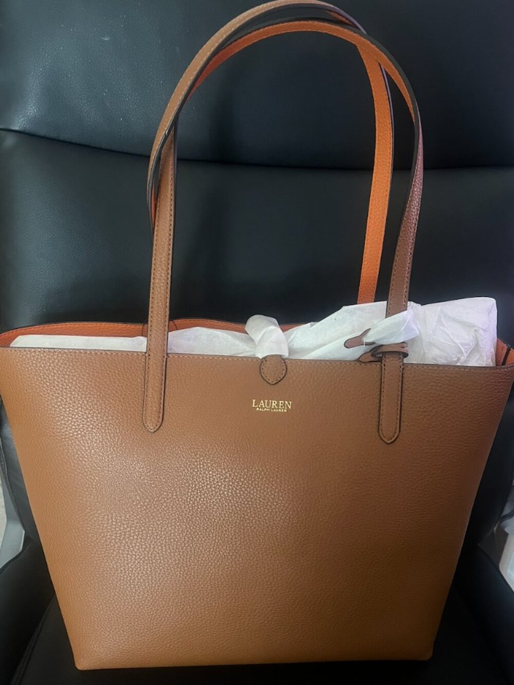 NEW Lauren Ralph Lauren Faux-Leather Large Reversible Tote Bag in Tan